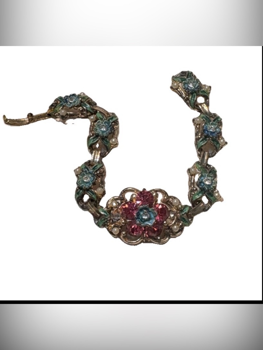 Vintage 1950s Enamel Floral Panel Link Bracelet Pink Rhinestone Faux Pearl